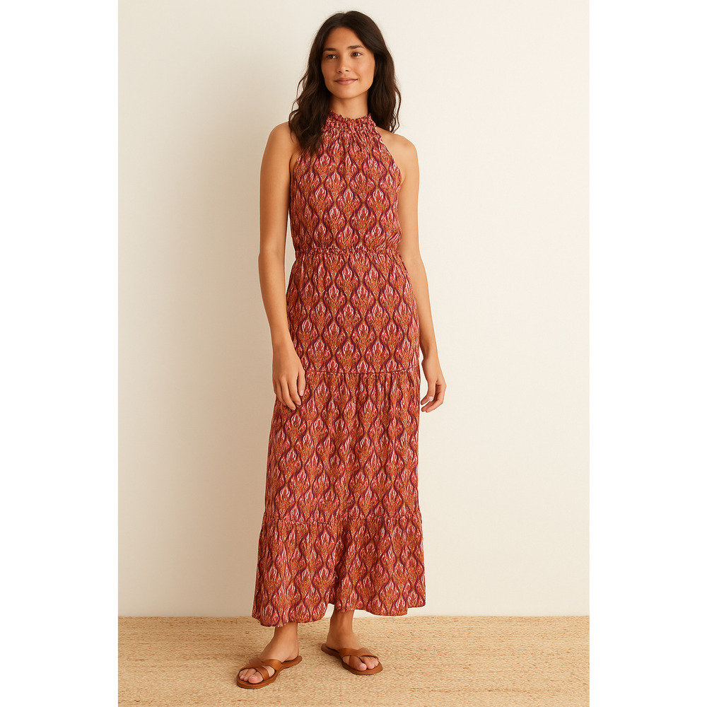 Taylor Pink Purple Peacock Feather Print Halter Maxi Dress Size 10